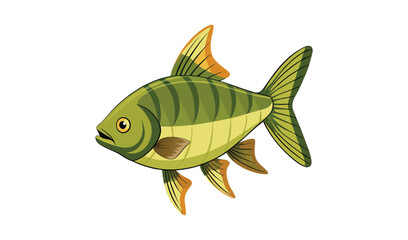 Photo of a vibrant green and orange fish, isolated on white background, with striped body and prominent fins
