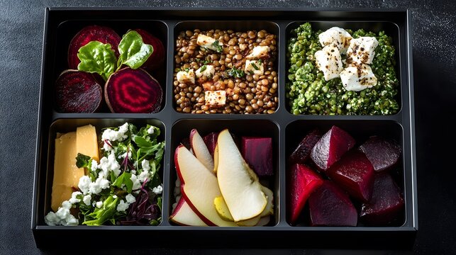A vibrant vegetarian French bento featuring lentil salad, roasted beetroot, goat cheese, and fresh pear slices.