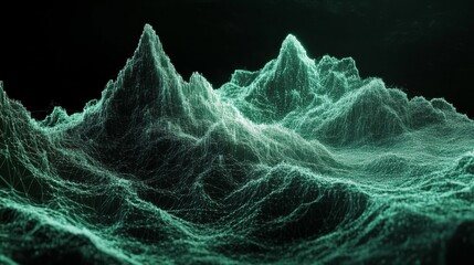 Futuristic digital landscape of glowing wireframe mountains, visualizing data management, mining, and Big Data tech. 
