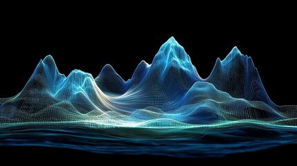 Futuristic digital landscape of glowing wireframe mountains, visualizing data management, mining, and Big Data tech. 