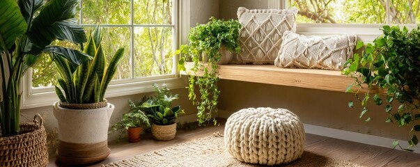 Financial mindfulness with planning and saving goals concept. Cozy indoor nook adorned with lush plants and natural light.