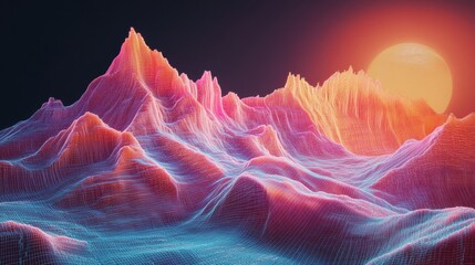 Futuristic digital landscape of glowing wireframe mountains, visualizing data management, mining, and Big Data tech. 