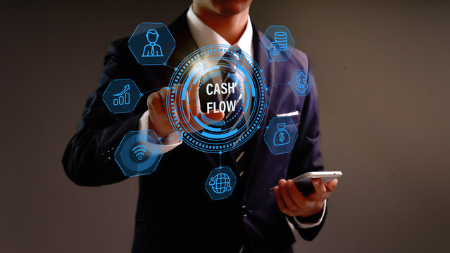 Financial analysis concept  Cash flow management. Businessman using calculator and laptop with icons representing cash flow, financial management, budgeting, business growth.