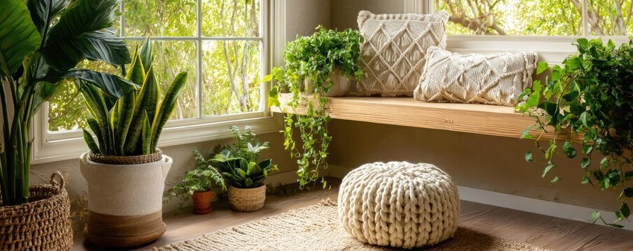 Financial mindfulness with planning and saving goals concept. Cozy indoor nook adorned with lush plants and natural light.