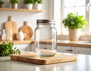 Empty glass mason jar on kitchen counter, transparent container mockup, food storage concept, rustic farmhouse style, natural daylight illumination
