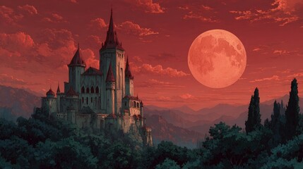 A dark Anime background or wallpaper of a vampires castle gothic architecture and blood-red moonlight