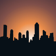 illustration of a cityscape silhouette at sunset, featuring tall buildings and an orange gradient sky. This urban scene is ideal for use in backgrounds, posters, websites, and editorial content about 
