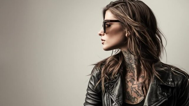 Tatted woman in leather jacket