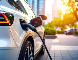 Naklejka premium Electric vehicle charging cable plugged into car port, sustainable transportation, eco-friendly mobility, green technology innovation