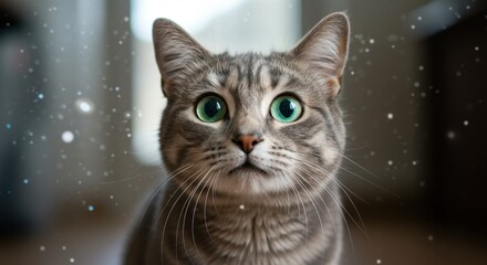 A Stunning Close-Up Portrait of a Grey Tabby Cat with Captivating Green Eyes Against a Softly Blurred Background, Evoking a Sense of Wonder and Curiosity