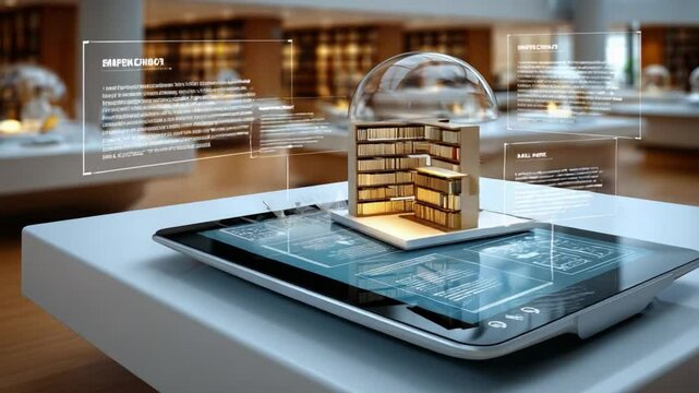 Digital Library on Tablet: A miniature library model rests on a tablet, showcasing a futuristic concept of digital archiving and accessibility.