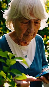 Senior Woman Uses Plant Identification App on Smartphone in Garden: App Reveals Plant Name and Provides Care Instructions for Healthy Growth
