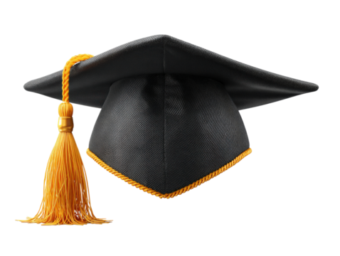 Graduation cap with golden tassel, isolated on a Transparent background, PNG file. background, realistic fabric texture, academic celebration icon - Powered by Adobe