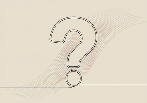 A single line drawing of a question mark with abstract background on a light beige colored background