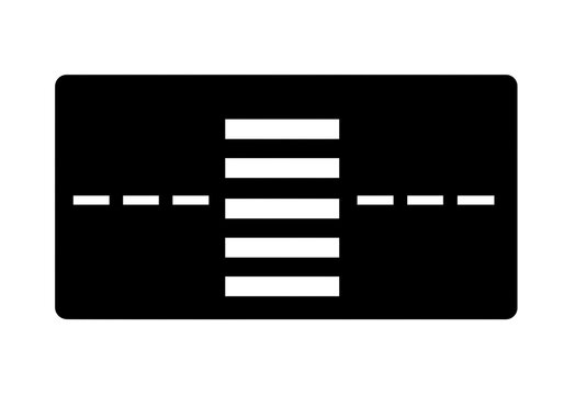 A black rectangle with rounded corners containing a pedestrian crossing and dashed lines on either side