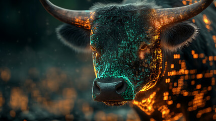 Digital bull close up with tech grid overlay and dark moody background for modern theme