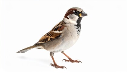 Naklejka premium An elegant, fluffy sparrow captured with exquisite sharp detail against a crisp, isolated white background. This close-up highlights its delicate feathers and charming presence.