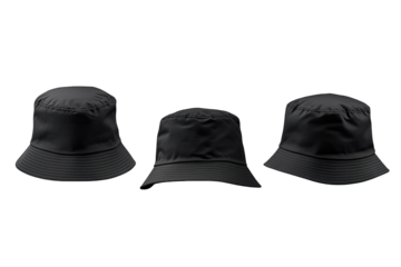 Three dark gray bucket hats displayed, showing front, side, and back views