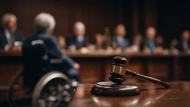 Justice on Trial: A gripping courtroom scene unfolds, a gavel poised on the table as a person in a wheelchair sits center stage, highlighting the principles of fairness and law. 