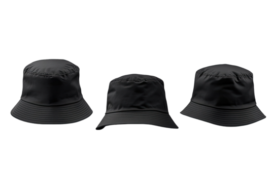 Three dark gray bucket hats displayed, showing front, side, and back views