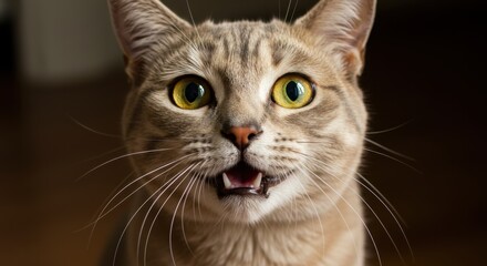 Fototapeta premium A Stunning Close-Up Portrait of a Curious Grey Tabby Cat with Bright Yellow Eyes, Open Mouth, and Long Whiskers, Displaying a Playful and Inquisitive Expression