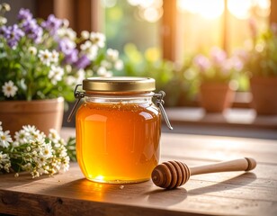 Organic honey jar with wooden dipper, natural sweetener product, healthy food ingredient, golden amber color, rustic kitchen background