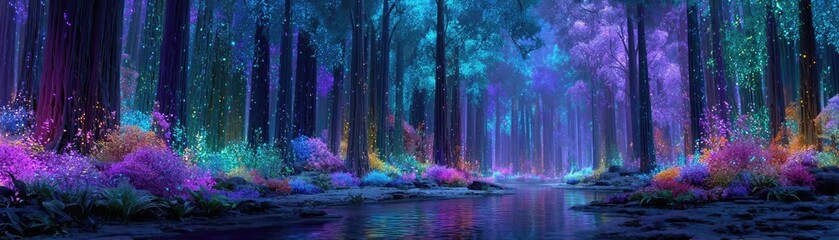 Mental wellness care on diagnosis, therapy and balance concept. A mystical forest with vibrant colors and serene water reflection.