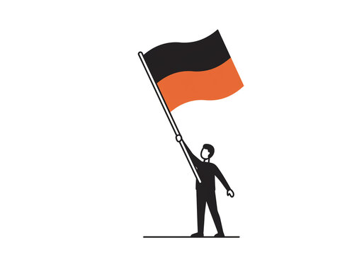 A person holding a flag with black and orange colors on a white background in a simple illustration