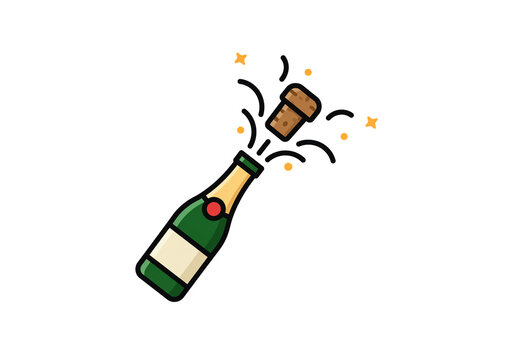Illustration of a champagne bottle popping its cork with celebratory sparkles on a white background