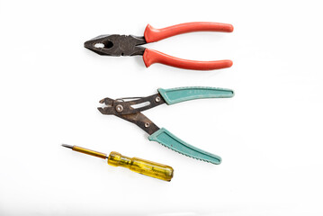 Pliers,Tester and wire cutter isolated on white background