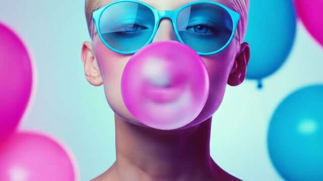 Vibrant girl blowing bubblegum surrounded by balloons
