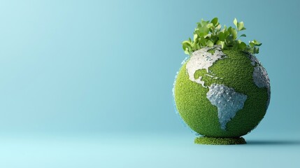 Digital globe with green energy and water conservation symbols in a minimal style, centered on a flat blue backdrop with copy space