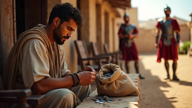 Apostle Matthew checking Emperor Ceasar coins collected for tax