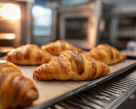 Freshly baked croissants in a commercial kitchen