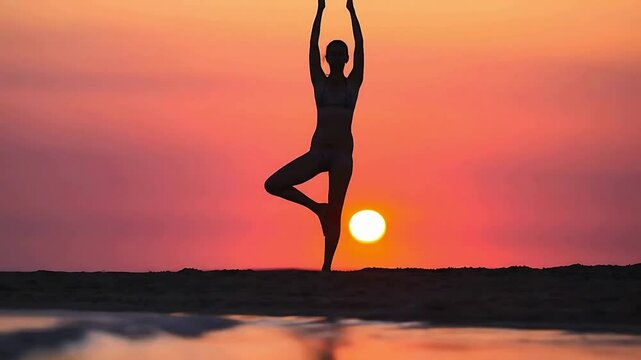 Yoga Day, Yoga Tree Pose, silhouette of a woman doing yoga at sunset video clip
