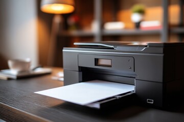 Black printer printing paper on a dark wooden table