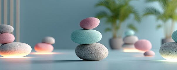 Anxiety disorder through stress healing and support concept. Colorful stacked stones create a tranquil and calming ambiance.