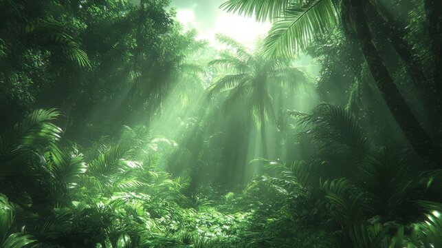 Lush green jungle with sunlight filtering through the dense canopy of trees and tropical plants