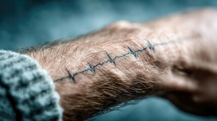 Panic attack by managing stress and fear concept. A close-up of a heartbeat tattoo on a person's forearm.