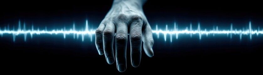 Panic attack by managing stress and fear concept. An expressive hand reaching through sound waves in dark tones.