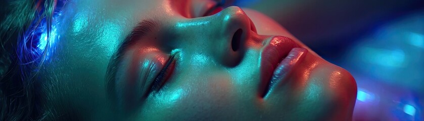 Mental wellness care on diagnosis, therapy and balance concept. Close-up of a serene face illuminated by colorful lights.