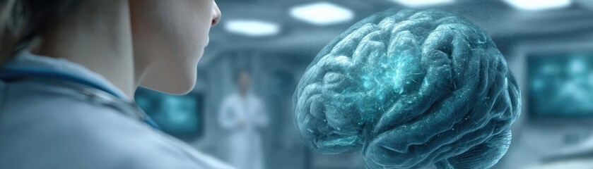 Panic attack by managing stress and fear concept. A scientist examines a glowing brain in a high-tech lab.