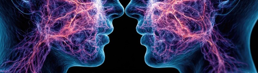 Mental wellness care on diagnosis, therapy and balance concept. Illustration of human faces interconnected by energy patterns.