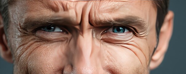 Mental wellness care on diagnosis, therapy and balance concept. Close-up portrait highlighting expressions and deep wrinkles.