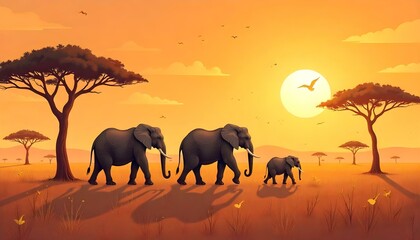 Illustration of a cute elephant family walking through a savanna.