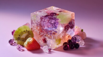 Colorful fruit cube composition on pink background for commercial design