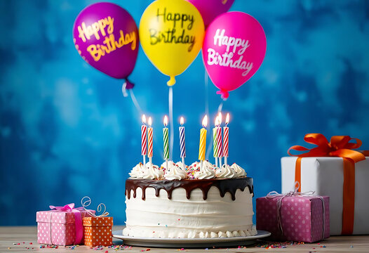 Happy Birthday City Landscape Festive Cake and Balloons Celebrate City Life