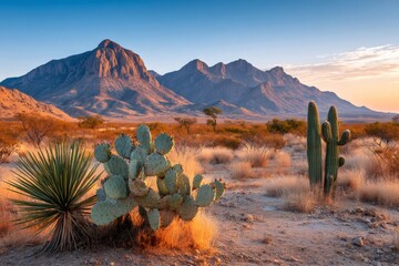 Cacti and desert plants growing in the arid landscape of big bend ranch state park at sunrise