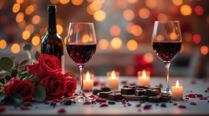 valentine day celebration with wine, roses, chocolate, and bokeh background