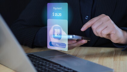 Scan to pay, mobile payment app  digital Wallet. Concept of retail financial technology.Female hand holding smartphone in department store with QR code payment app showing on screen.